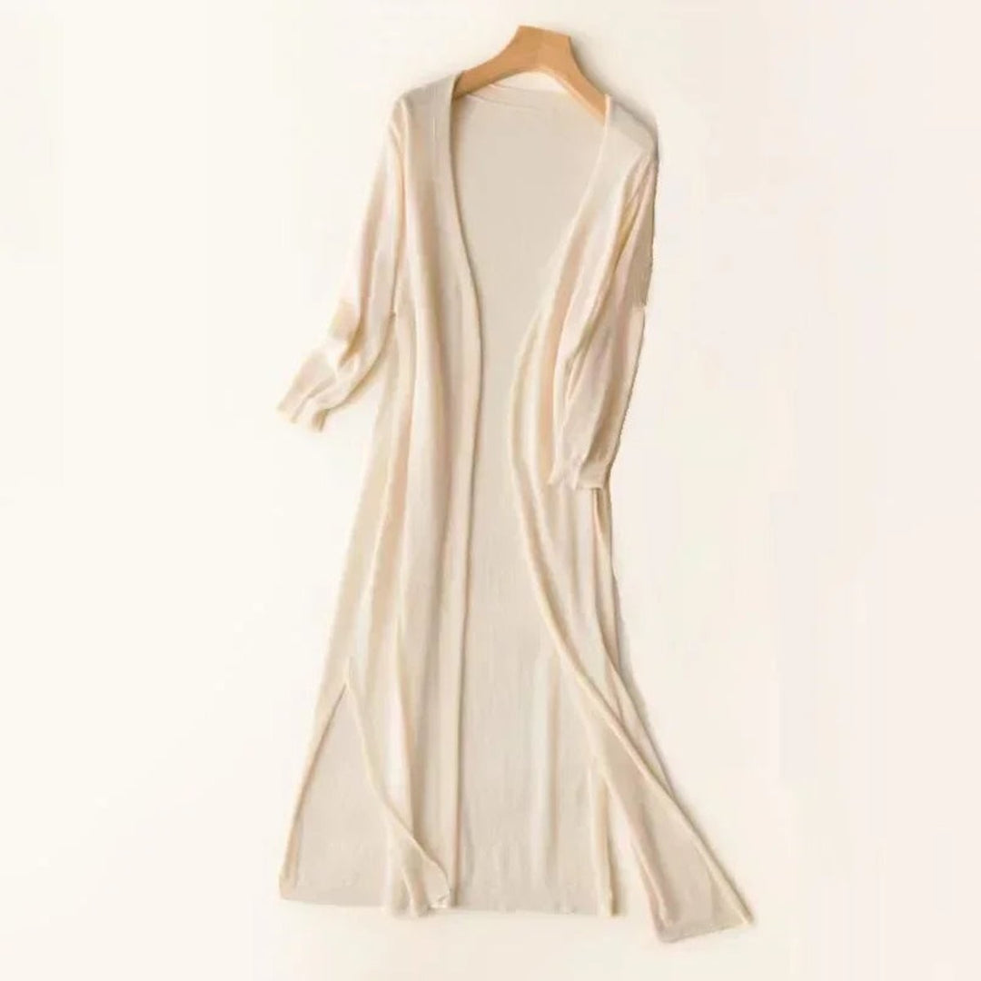 cream open-front long knit cardigan with side slits on hanger