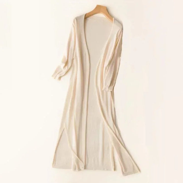 ivory lightweight knit cardigan with long open front and side slits