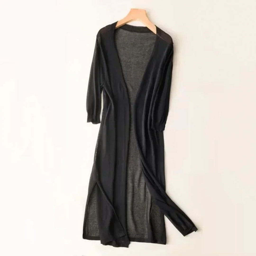 black sheer long knit cardigan with open front and flowing drape