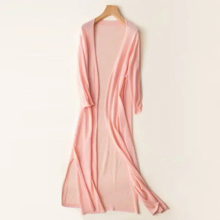 blush pink open-front long knit cardigan with relaxed silhouette