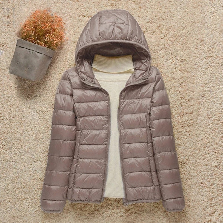Taupe lightweight hooded puffer jacket with quilted zip-front design