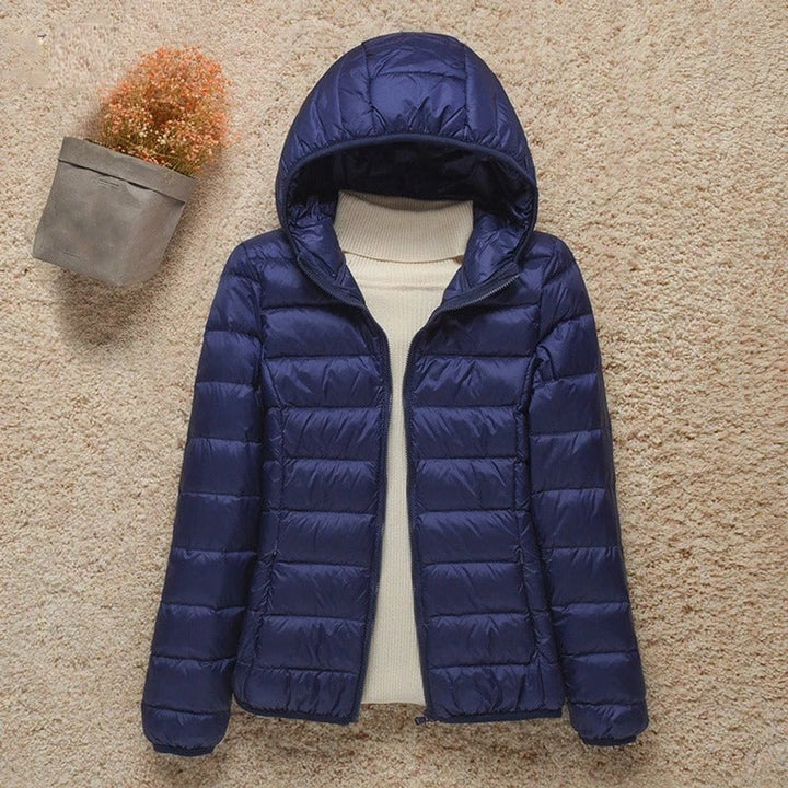 Navy blue packable down puffer jacket with hood and full zipper
