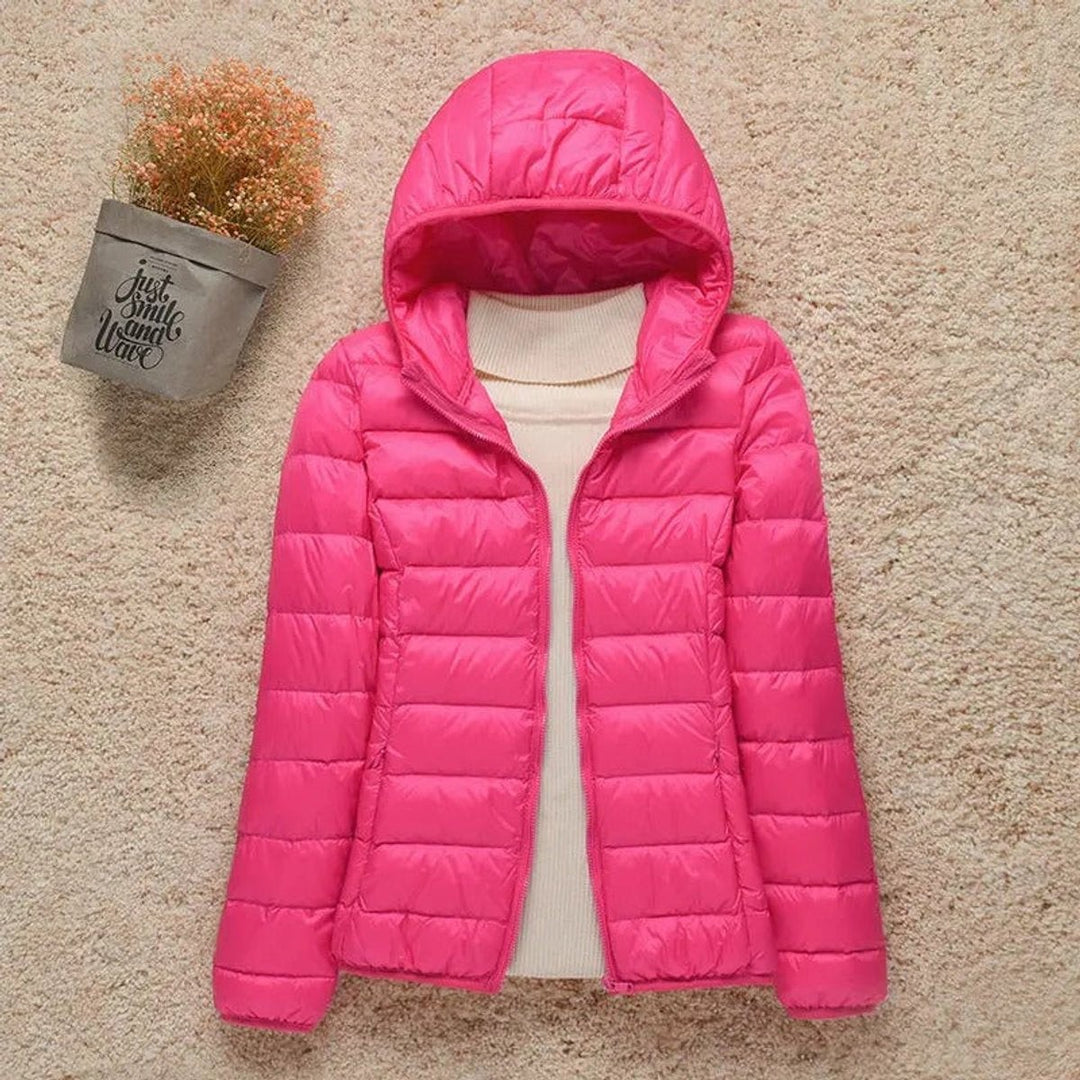 Hot pink quilted hooded puffer jacket with packable down fill