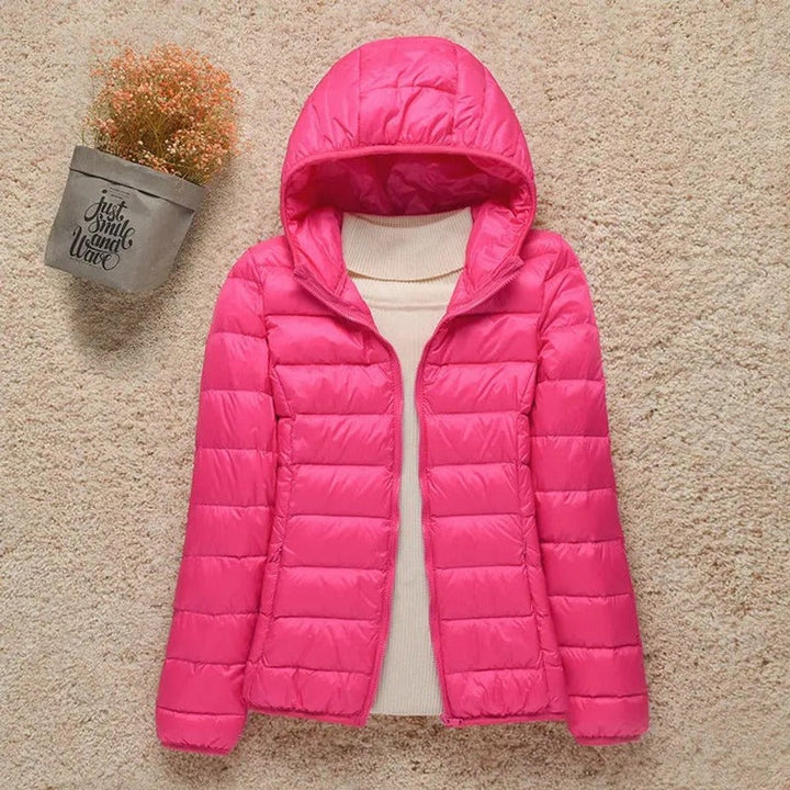 Hot pink quilted hooded puffer jacket with packable down fill