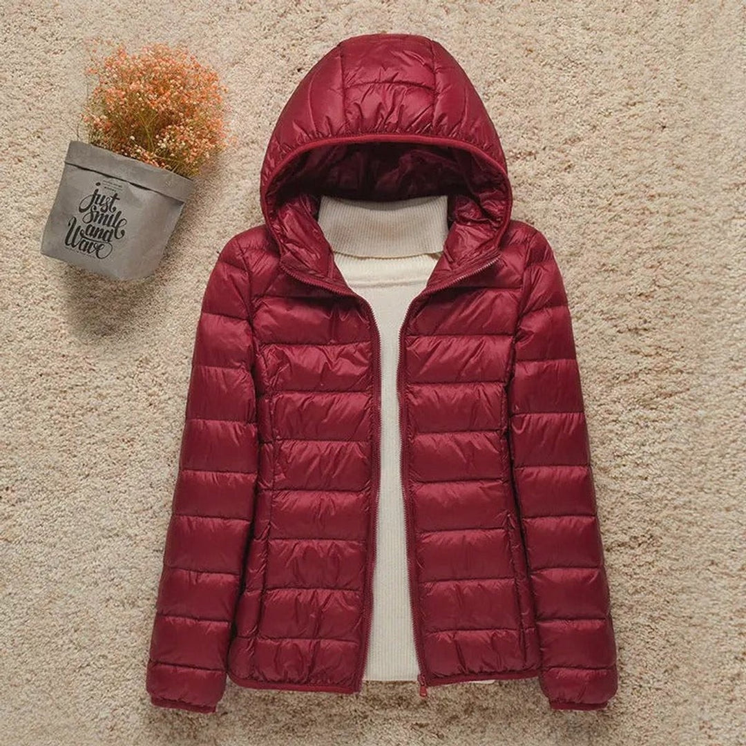 Wine red packable quilted puffer jacket with attached hood