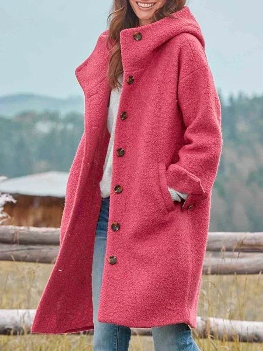 pink hooded button-up long fleece coat with front pockets, worn outdoors