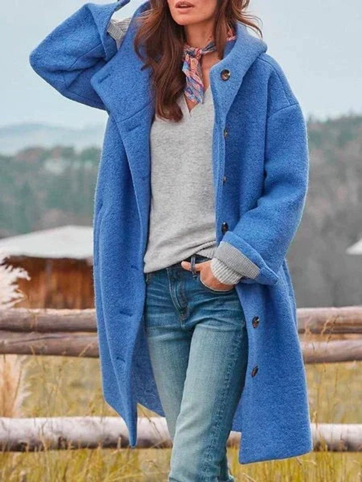 blue hooded button-up fleece coat, long length with slouchy sleeves
