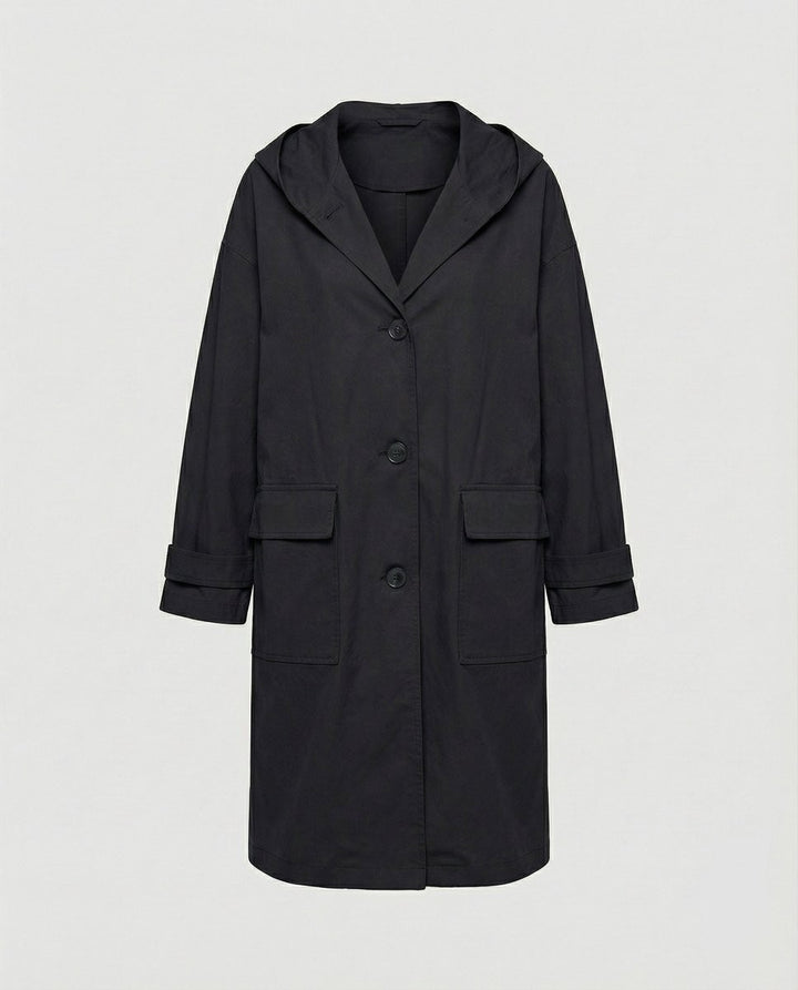 Black long hooded trench coat with patch pockets, laid flat