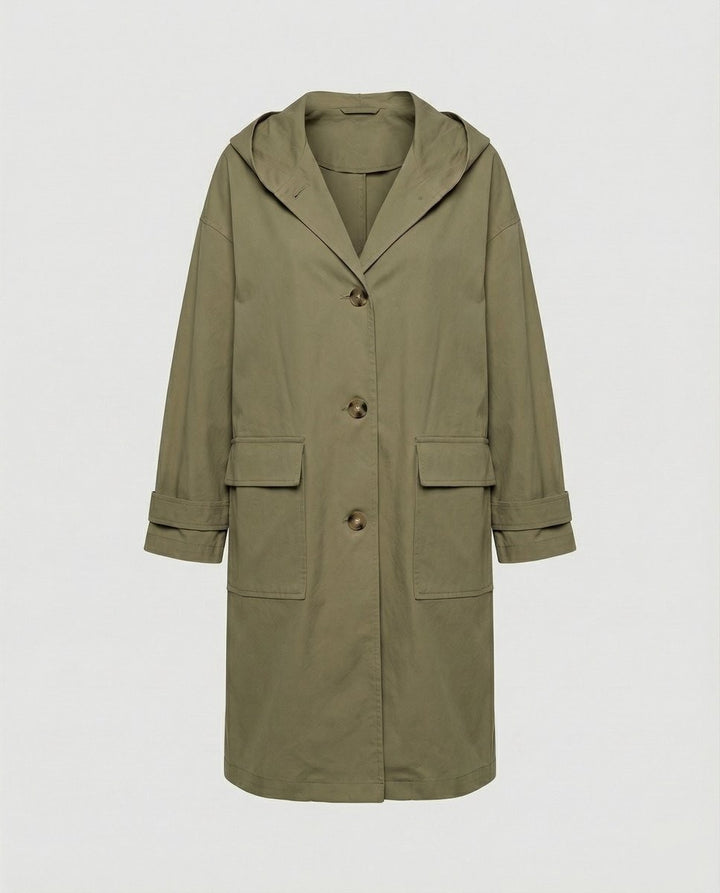 Olive green hooded trench coat with button front, laid flat