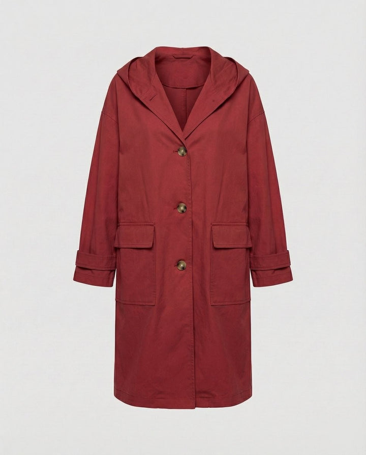 Brick red long hooded trench coat with flap pockets, laid flat