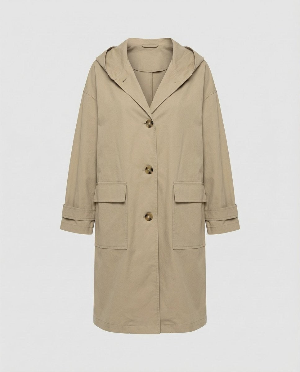 Tan hooded trench coat with oversized fit and cuffed sleeves, laid flat
