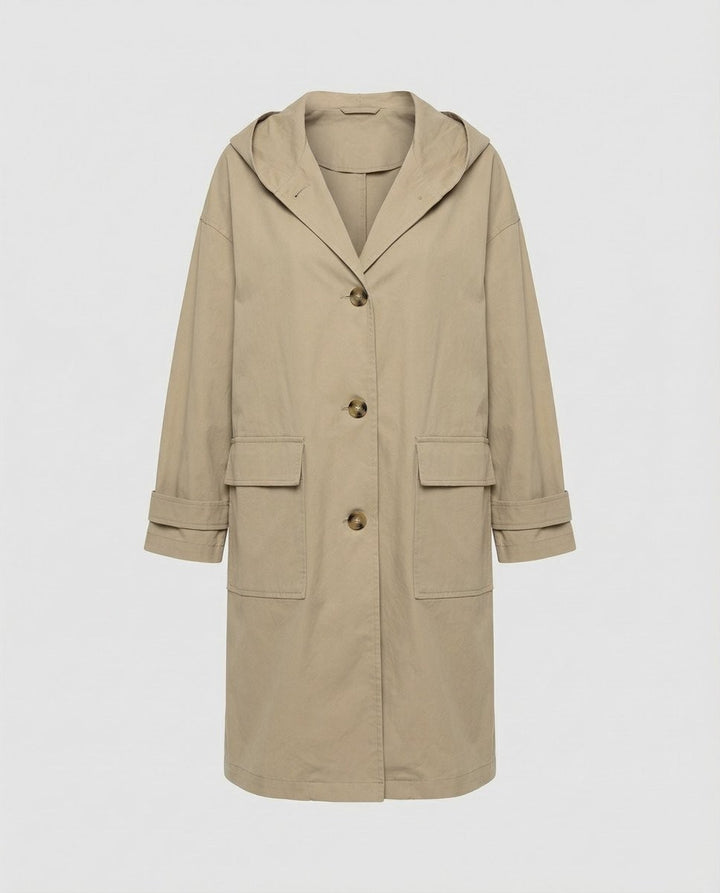 Tan hooded trench coat with oversized fit and cuffed sleeves, laid flat