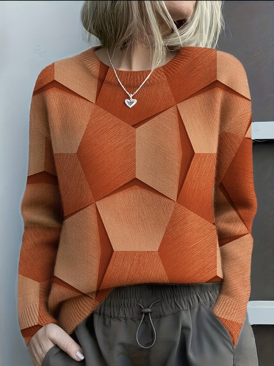 orange geometric 3D print long sleeve knit sweater with crew neckline