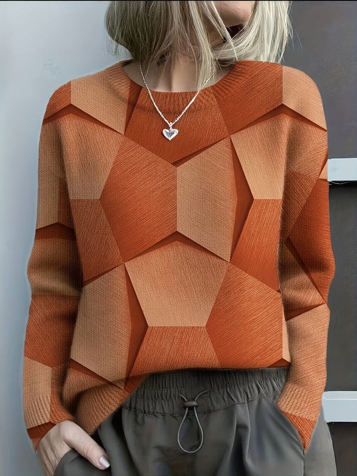orange geometric 3D print long sleeve knit sweater with crew neckline