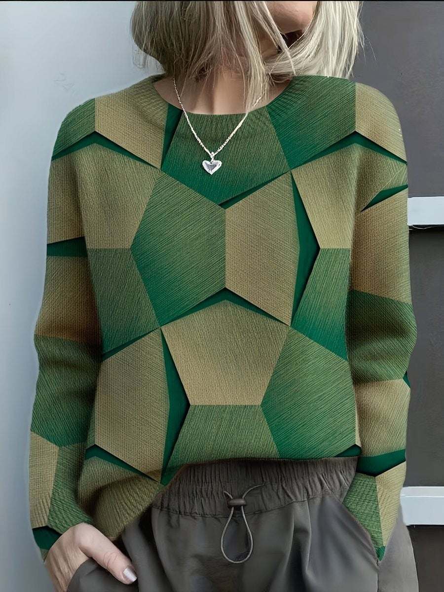 green geometric 3D print knit sweater with long sleeves and crew neck