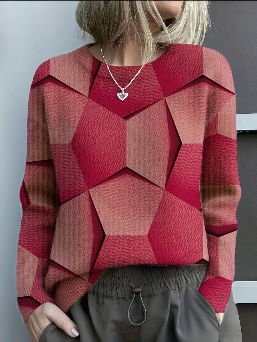 red geometric 3D print long sleeve knit jumper with round neckline