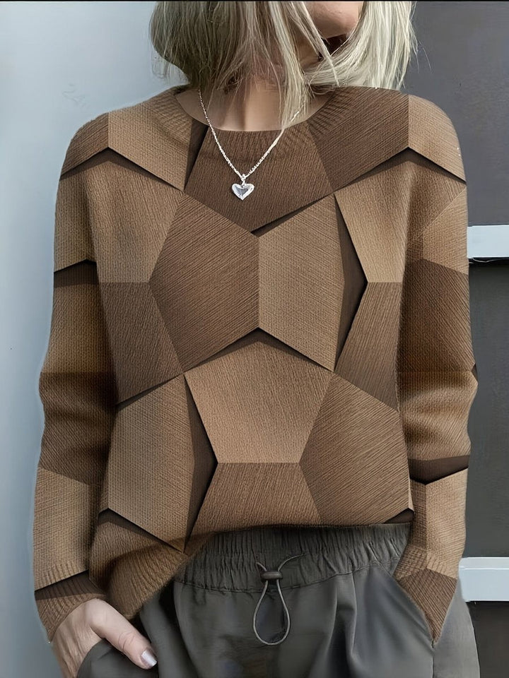 brown geometric 3D print knit sweater with long sleeves and crew neck
