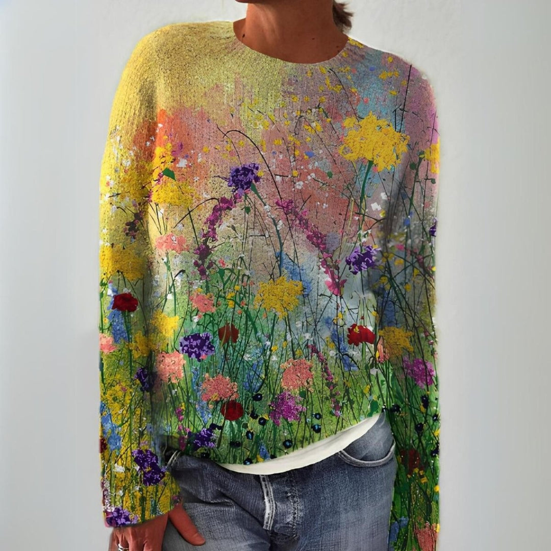 Wildflower meadow print long sleeve knit sweater with crew neckline