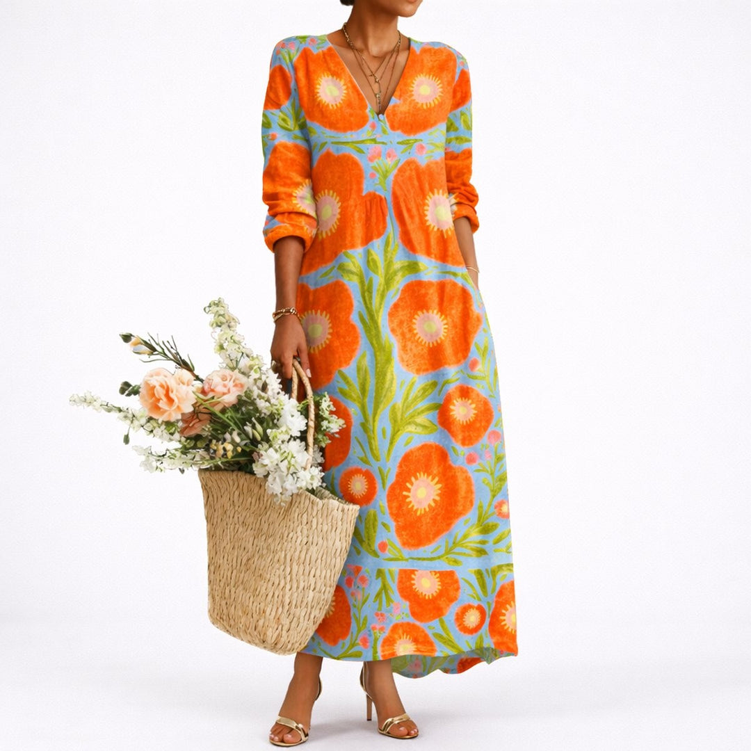 Orange poppy floral maxi dress with V-neck and long sleeves
