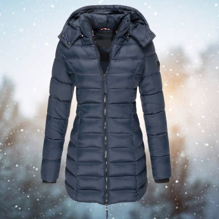 Navy quilted long puffer coat with detachable hood and ribbed cuffs