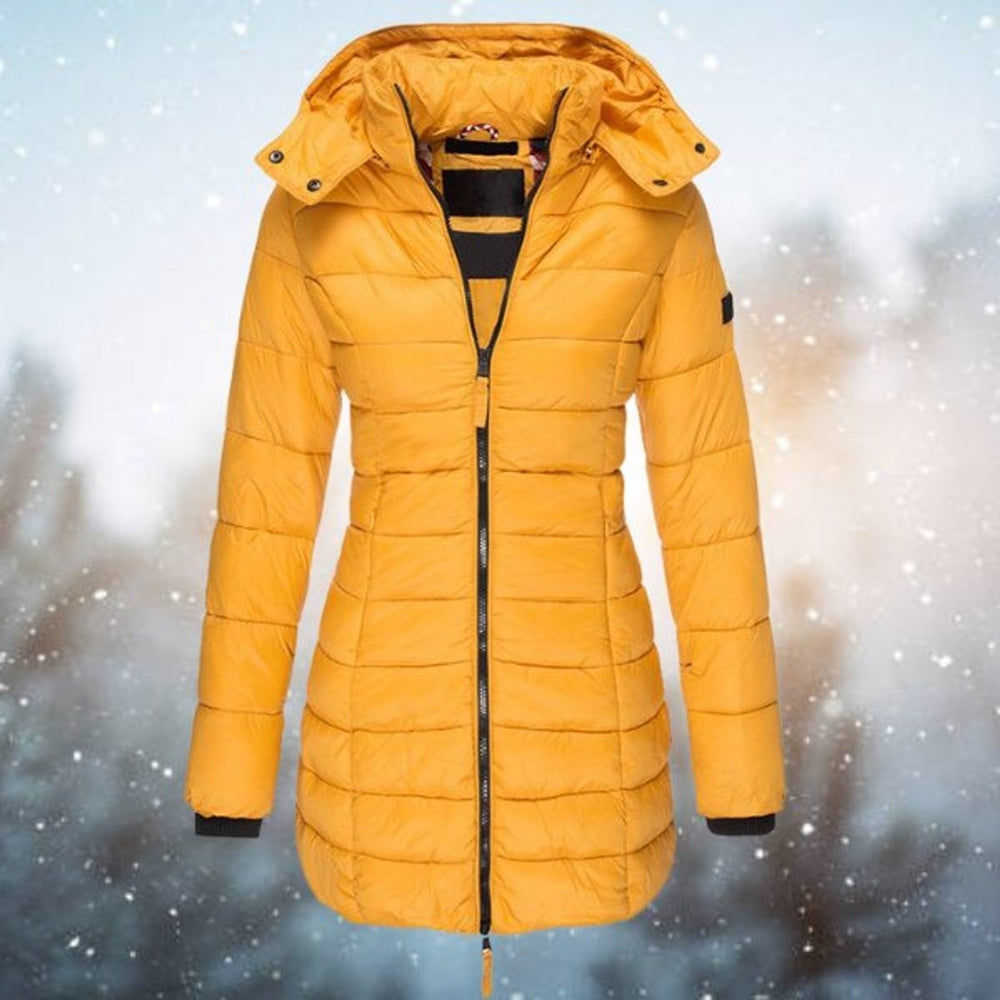 Mustard yellow hooded puffer jacket with quilted panels and zip closure