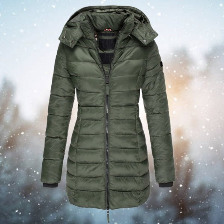 Olive green long puffer coat with hood and slim fitted waist