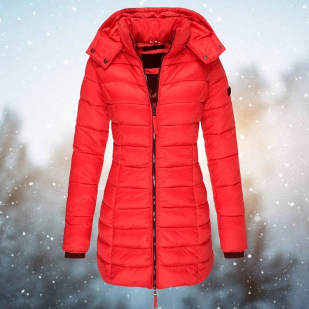 Red long hooded puffer coat with quilted design and zippered front