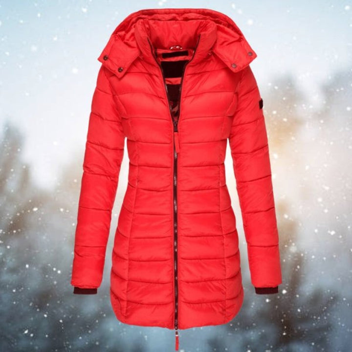 Red long hooded puffer coat with quilted design and zippered front