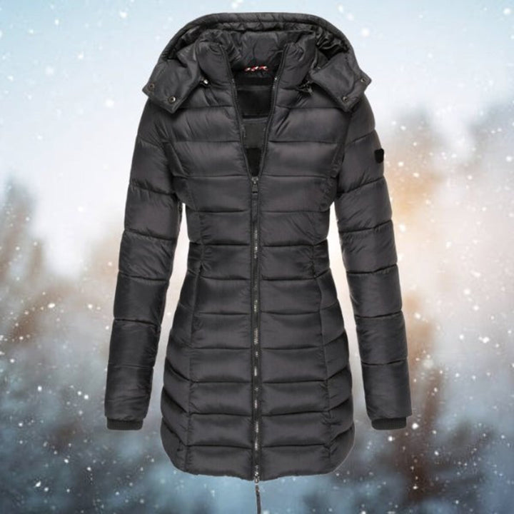 Black quilted puffer coat with hooded collar and fitted waistline