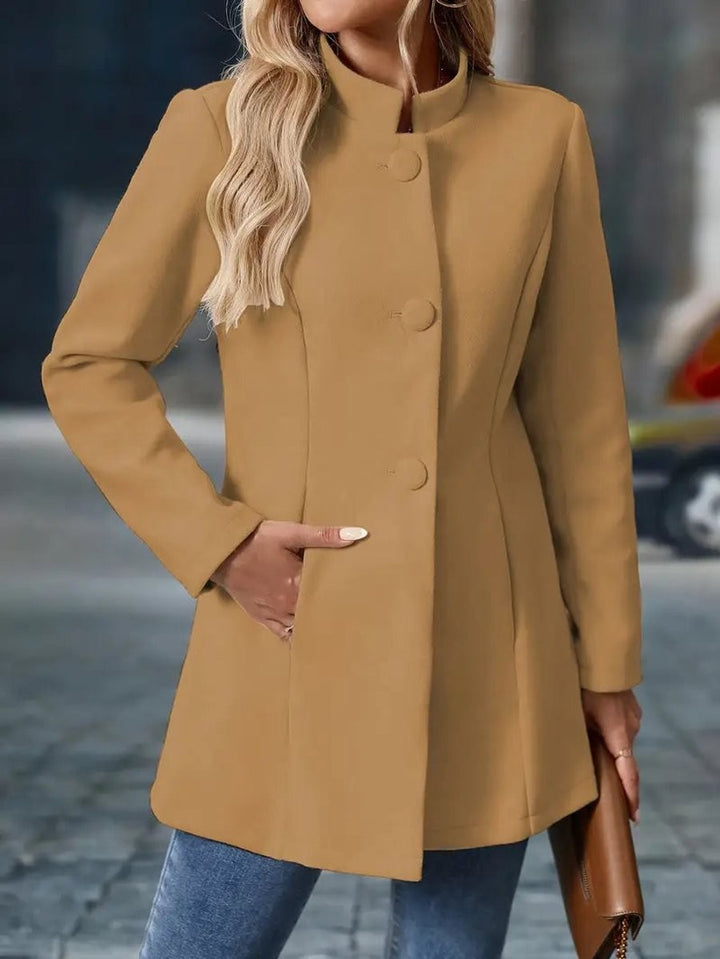 camel stand-collar coat blazer with covered buttons, side angle view