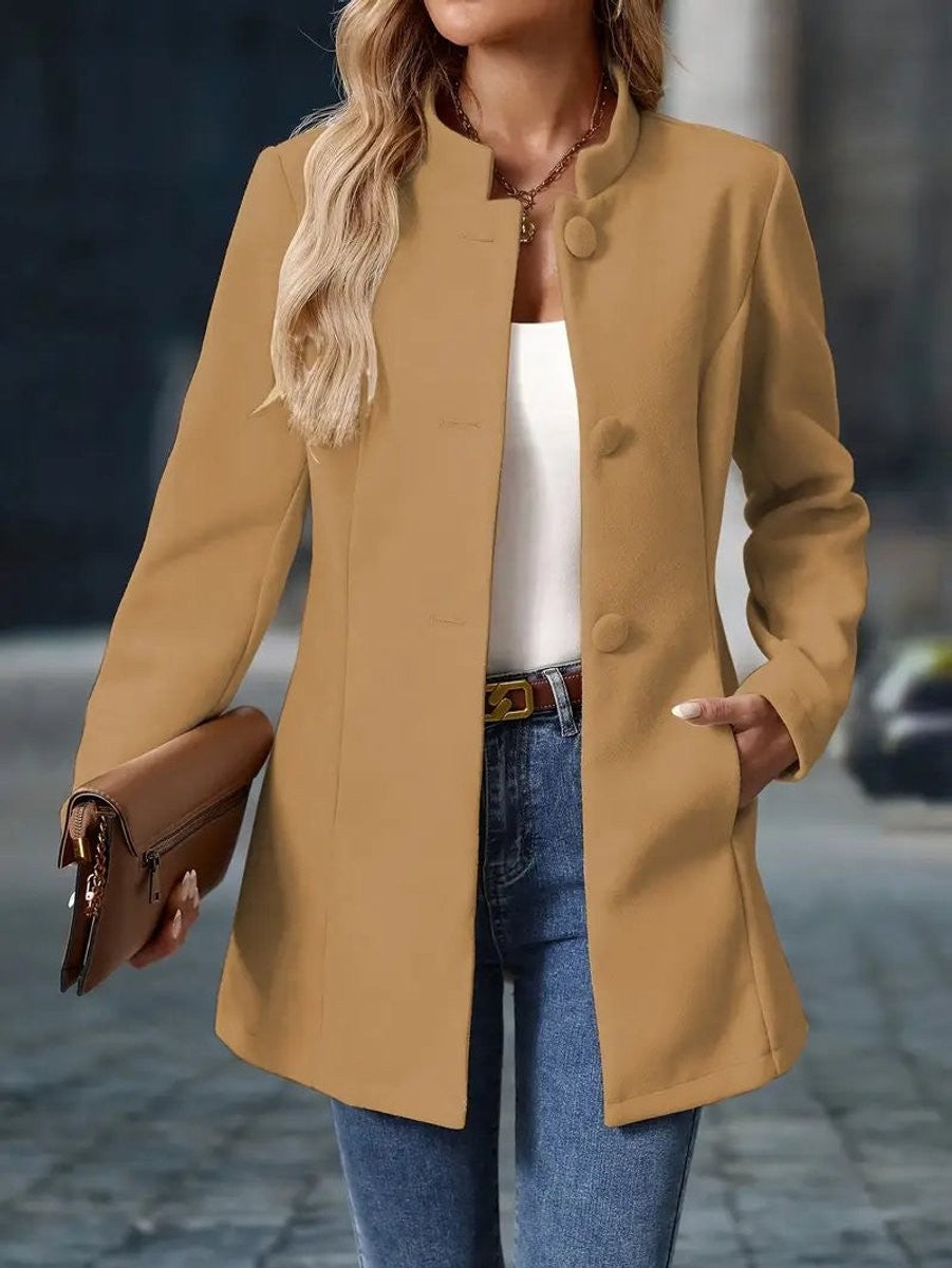 camel wool-blend coat blazer with covered buttons and stand collar