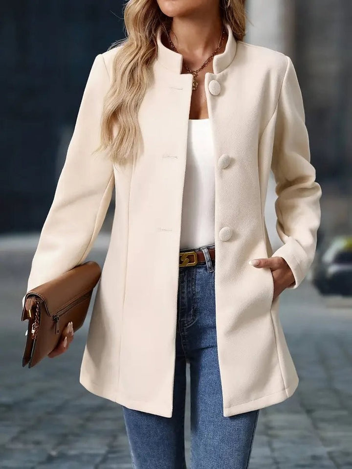 ivory longline coat blazer with stand collar and button-front closure
