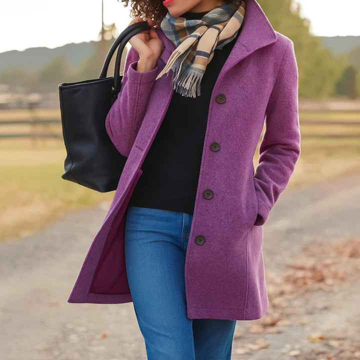 Purple single-breasted wool coat layered with plaid scarf for fall outfit