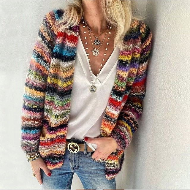 Multicolor knit open-front cardigan sweater with striped pattern and long sleeves