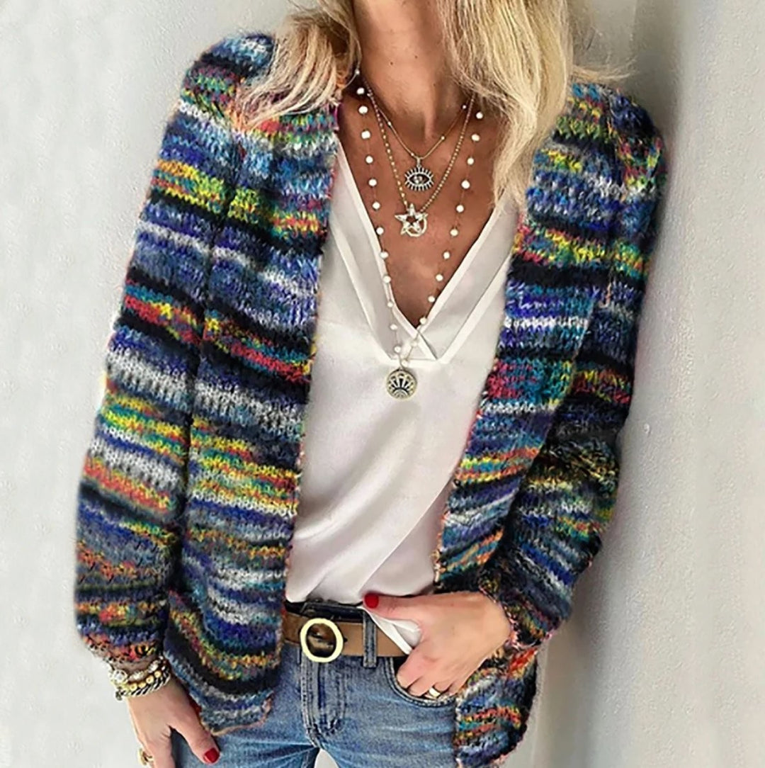 Blue-toned striped open-front cardigan sweater in a soft chunky knit