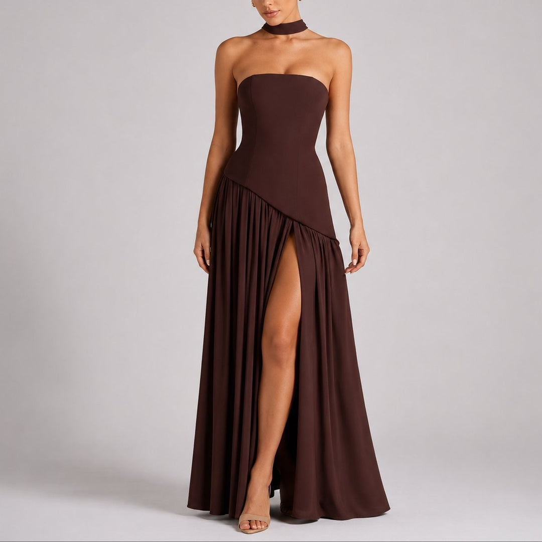 Chocolate brown strapless maxi dress with asymmetric skirt and thigh slit
