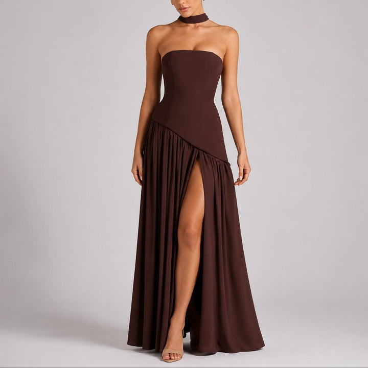 Chocolate brown strapless maxi dress with asymmetric skirt and thigh slit