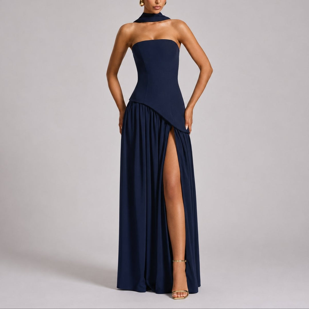 Navy blue strapless maxi dress with halter scarf accent and side slit