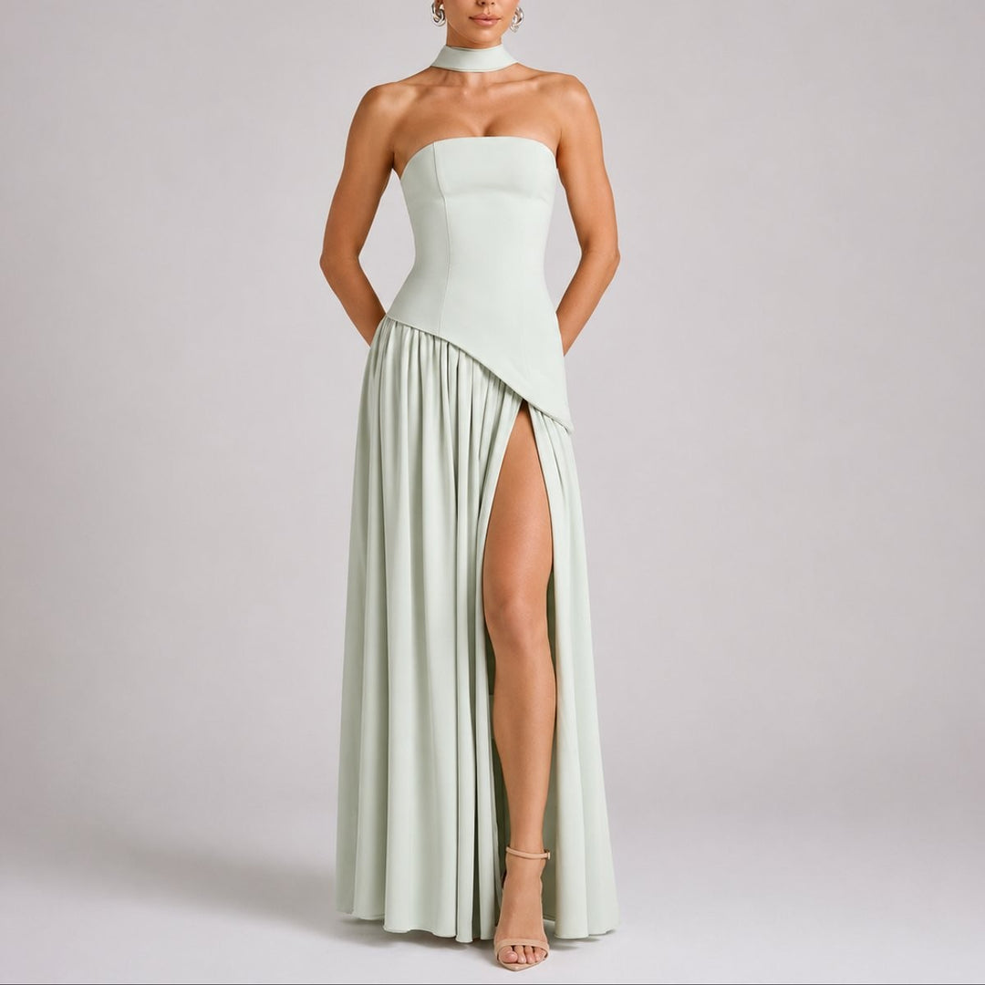 Sage green strapless evening gown with scarf choker and high thigh slit