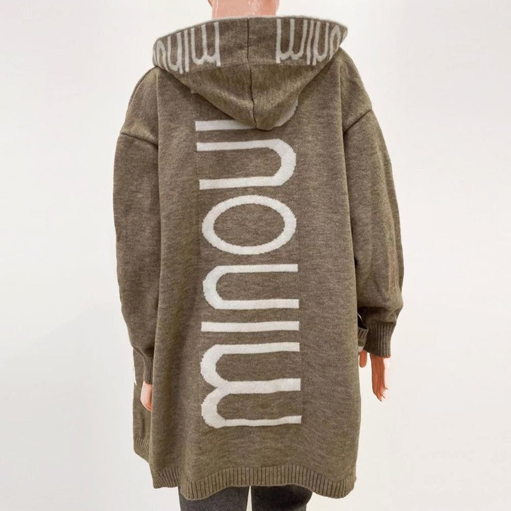 Olive green longline hooded cardigan with knit logo detail on back