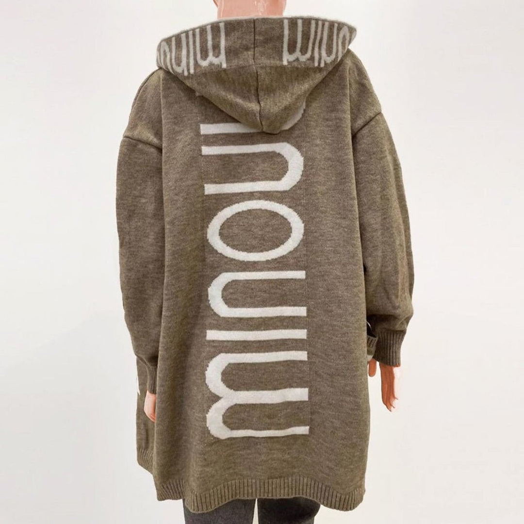 Olive green longline hooded cardigan with knit logo detail on back