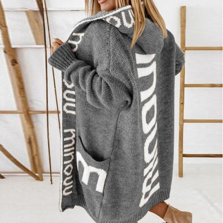 Gray longline hooded cardigan with contrast knit lettering on back