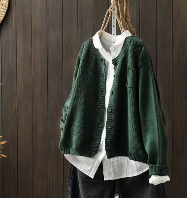 Forest green button-front cardigan with ribbed trim and patch pocket