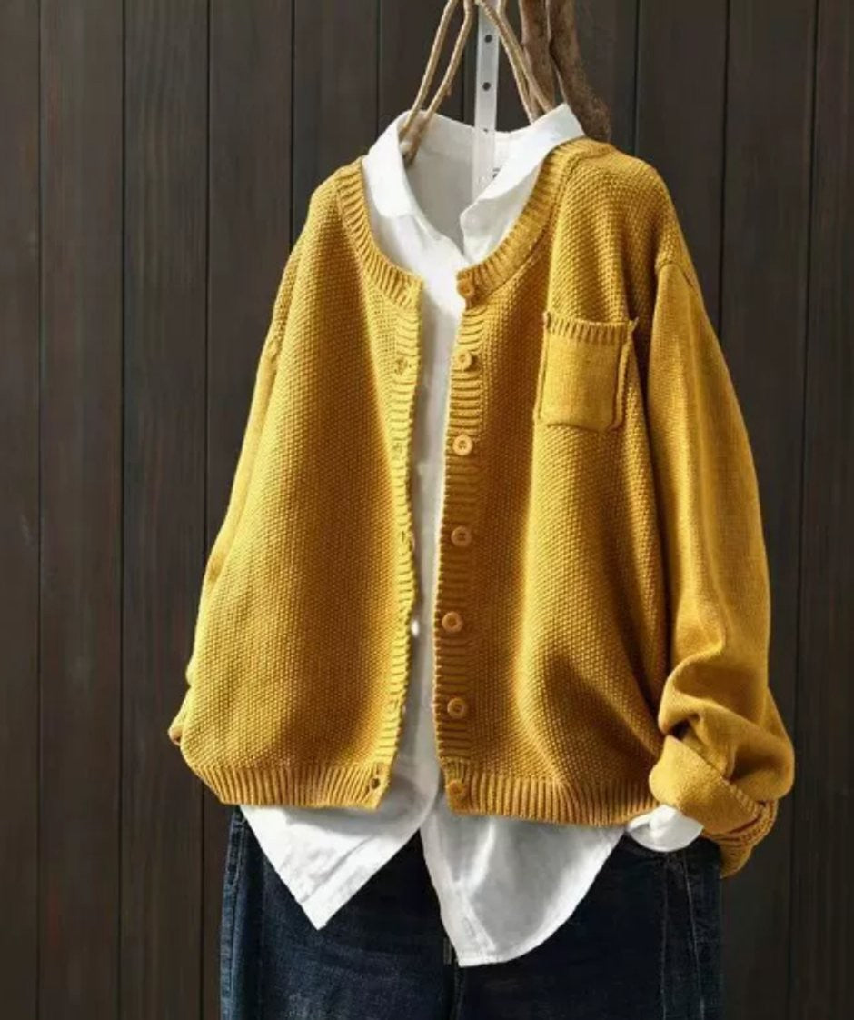 Mustard yellow chunky knit cardigan with front buttons and patch pocket