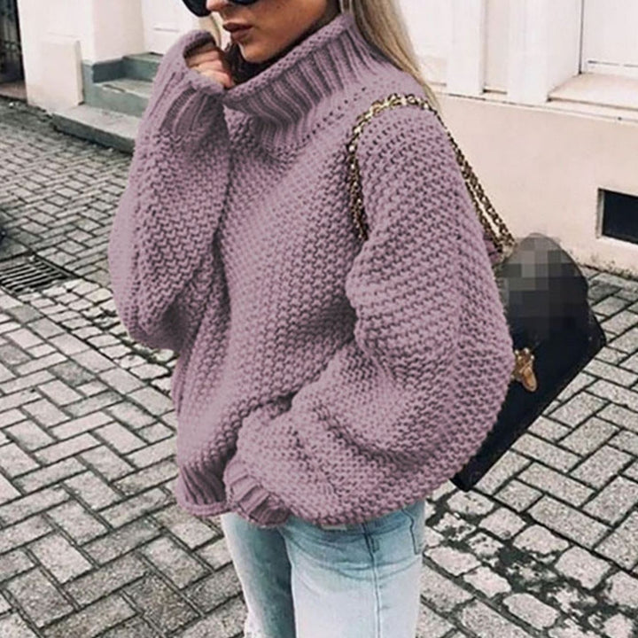 Mauve purple oversized chunky knit turtleneck sweater with voluminous long sleeves