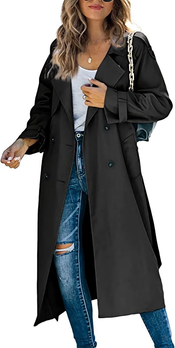 black double-breasted longline trench coat with wide lapel collar