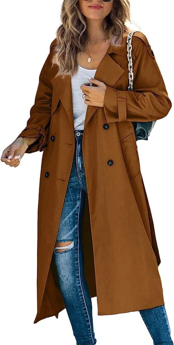 camel brown belted trench coat, oversized double-breasted style