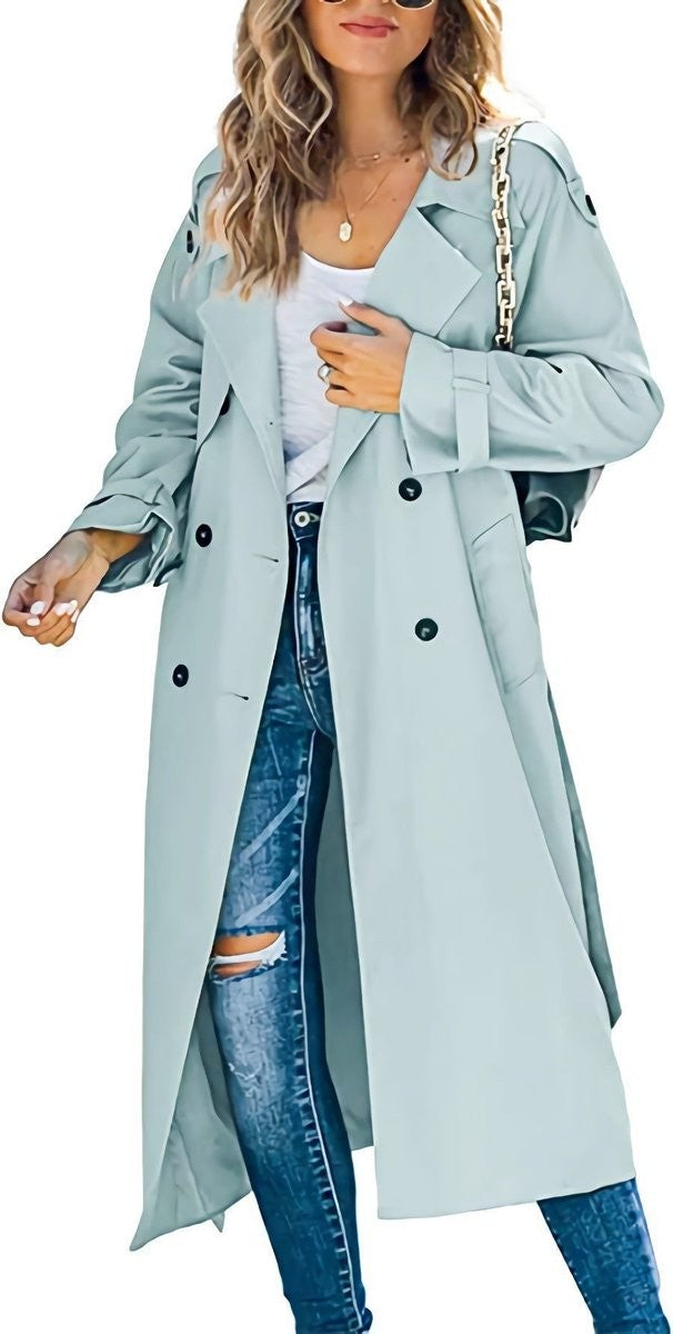 sage green long trench coat with double-breasted button closure