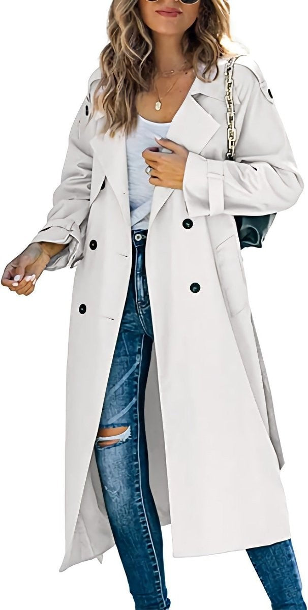 off-white oversized trench coat with belted sleeves and lapel collar