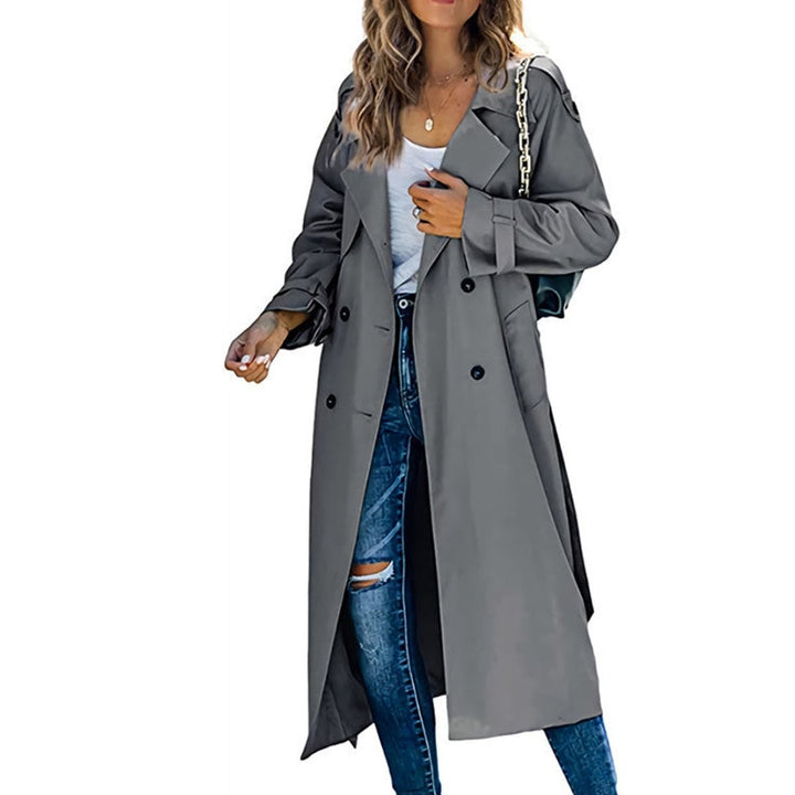 charcoal gray belted trench coat, oversized double-breasted design